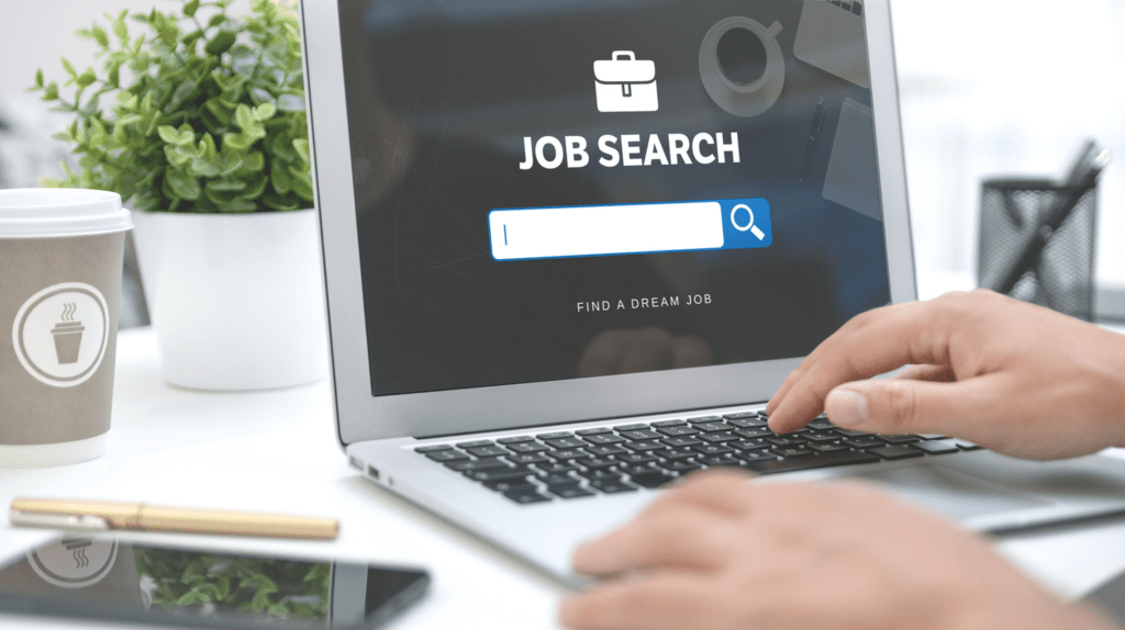 aviation job search - image of laptop with "job search" on screen - hands on keyboard on desk