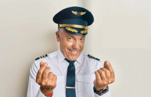 pilot holding his hands out like he's greedy - pilots are getting paid