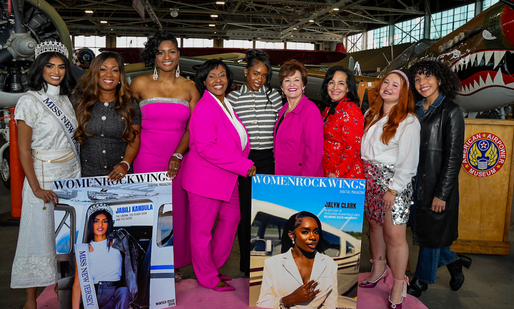 Celebrating Women in Aviation during an inspiring afternoon at the Women Rock Wings magazine launch, March 15, at the American Airpower Museum. From left: Jabili Kandula, Tasha Funes, Samantha T. Mitchell, Meagan S. Hobson, Jalyn Clark, Sheryl Barden, Migdalia Gonzalez, AnnMarie Gajdos and Alejandra Arajujo.