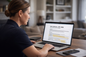 Female corporate aviation pilot wearing blue polo shirt sitting at home office desk working on her resume