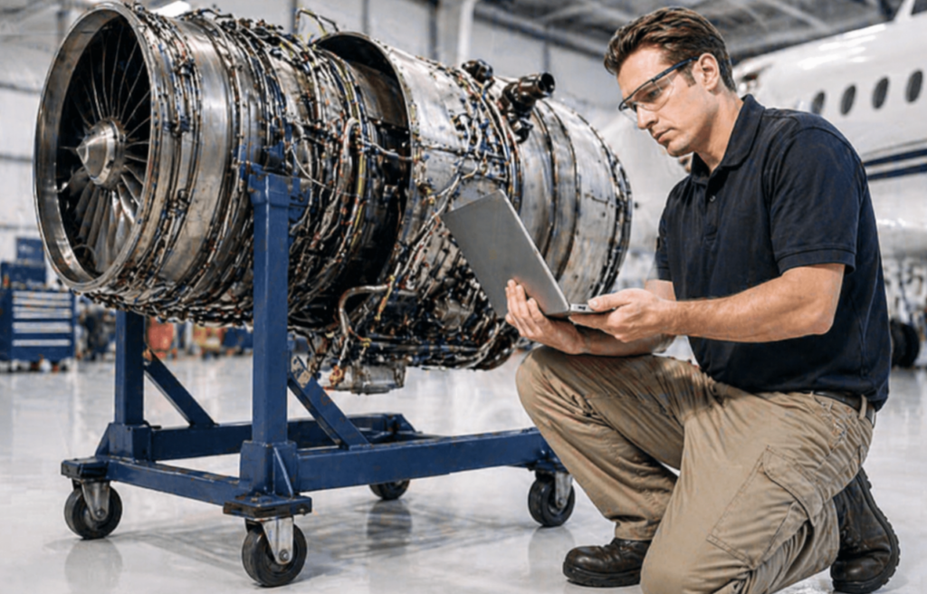business aviation aircraft maintenance technician working on a laptop next to an aircraft engine on a stand in a hangar - aviation personnel international jennifer pickerel