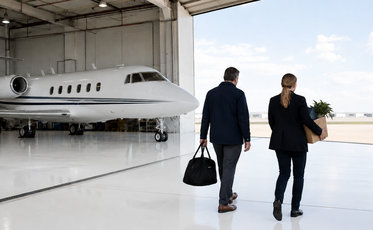 two business aviation professionals walking out of a hangar near a parked business jet, one is carrying a bag and one is carrying a box, represents aviation outplacement
